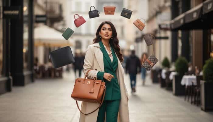 stylish tote bag buying guide for pakistan women showing leather tote bag with laptop and handbags