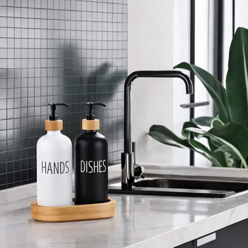 modern soap dispenser set bamboo tray design
